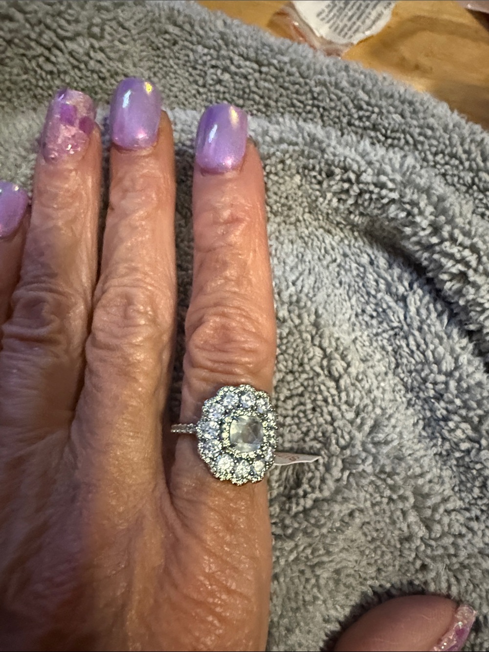 BP hematite plated Halo Cluster Ring genuine prehnite. “The Lenora Ring”